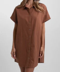 Rhythm Linen Shirt Dress In Baked Clay Clothing
