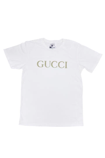 Yo Mama's Bootleg GUCCI Tee - White/Gold | Premium Streetwear T-Shirt 5 Tops Yo Mama's Bootleg GUCCI Tee In White/Gold